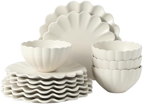 Gibson Elite Bistro Fleur Plates and Bowls Sets, 12-Piece Stoneware Dinnerware Set for 4, Ivory White Scalloped Dish Set with Dinner Plates, Salad Plates & Bowls by GibsonHomewares