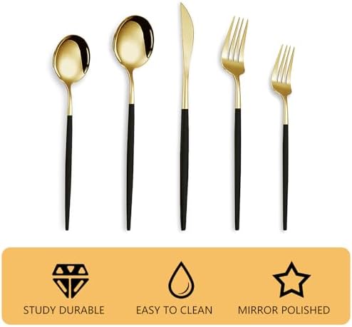 Kawlity Stainless Steel Serving Flatware Durable Black & Gold Polished Knives Spoon Forks 30 Pcs Utensil Dinner Tableware, for Kitchen Dishwasher Adults and Children Ideal Gift - Image 3