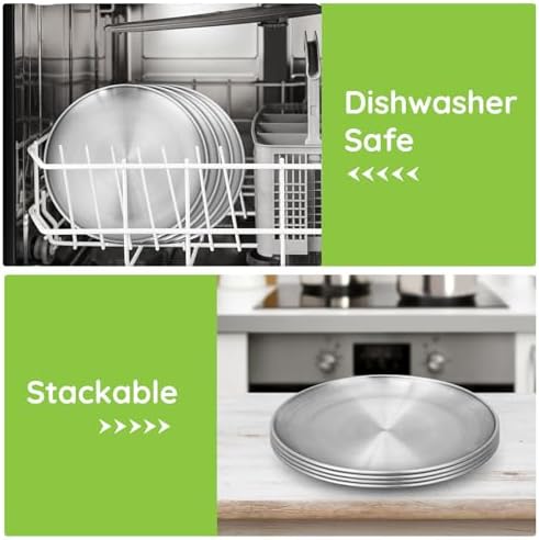 Metal Camping Plates, 4 Pack 9.1 inch 304(18/8) Stainless Steel Plates, Reusable Pizza Food Serving Snack Eating Salad Dishes Round Shatterproof Plate Silver Dinnerware Dinner Oven Safe - Image 4