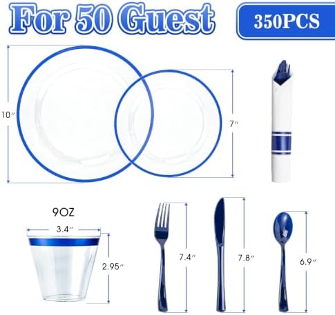 N9R 350PCS Plastic Plates Set Clear & Blue for Pool & Beach Parties - Image 2