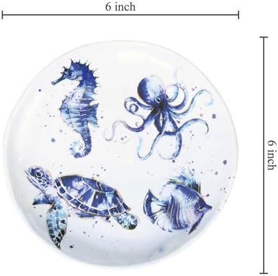 UP Indigo Sea Life Melamine Round Dessert Plates, Small Serving Plates, for Appetizer, Snacks, and Side Dishes, Blue, 6 Inch, Set of 4 - Image 6