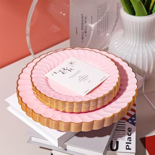 Lullaby 60PCS Pink Scalloped Plastic Plates with Gold Rim for Party Wedding - Image 4