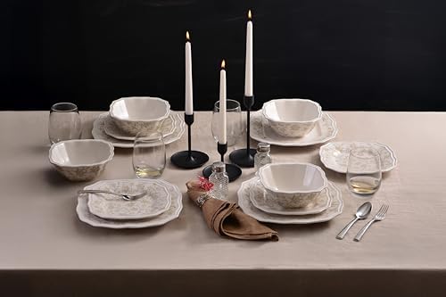 222 Fifth 12-Piece Porcelain Dinnerware Set for 4, Glossy Cream Plates and Bowls Set with Taupe Flowers, Elegant Square Ceramic Dish Set, Kitchen Tableware, Microwave & Dishwasher Safe, Batik Toile - Image 3