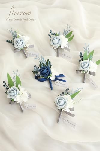 Floroom Set of 6 Powder Blue & Navy Blue Foam Rose Boutonnieres with Pins for Men Wedding for Groom Groomsmen Wedding Ceremonies Anniversaries Formal Dinners Parties Proms - Image 2