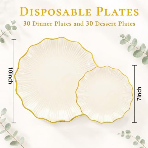 Rubtlamp 60Pcs Ivory Scalloped Gold Plastic Plates, Disposable Plates With Gold Rim, Heavyduty Plastic Plates Include 30 Dessert Platos, 30 Dinner Platos for Party - Image 6