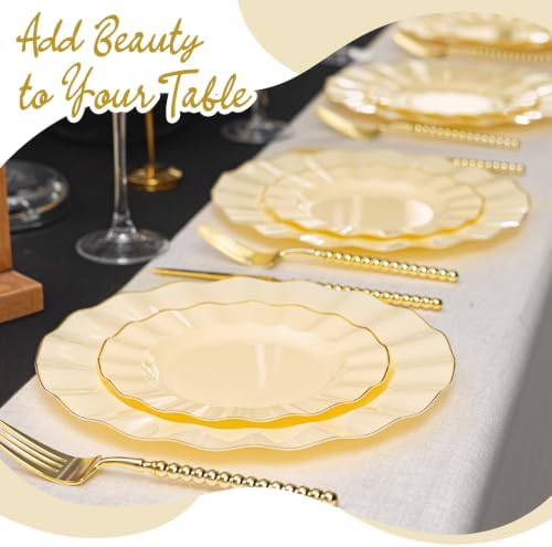 120PCS Yellow Plastic Plates, Wavy Plates with Gold Rim - Image 5