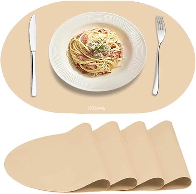 Silicone Placemats, Oval Placemats Set of 4. Heat-Resistant and Easy to Clean Siliconty Mats, Non-Slip Silicone Placemats for Table Protection. (4, Bright Yellow)