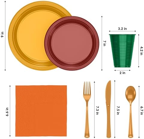 Exquisite 350 Pcs Thanksgiving Plastic Plates For Party, Thanksgiving Disposable Plates Set, 50 Of Each 9" Dinner Plate Set, 7" Dessert Plate, Cups, Napkins & Cutlery Plastic Dinnerware - Image 2