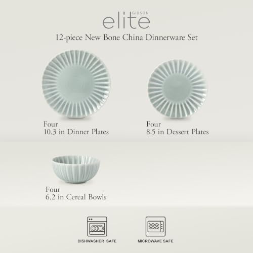 Gibson Elite Peach Orchard 12-Piece New Bone China Dinnerware Set Service for 4, Embossed Fluted Plates and Bowls, Dishwasher and Microwave Safe, Aqua Blue - Image 2