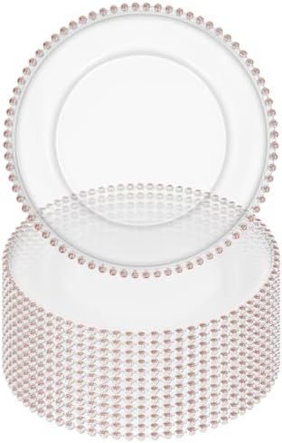 12 Pack Clear Charger Plates Bulk Wedding, 13 Inch Plastic Round Dinner Chargers with Pink Beaded Rim, Acrylic Round Decorative Plates for Wedding Party Home and Tabletop Decor (Pink) by Tomeurperf