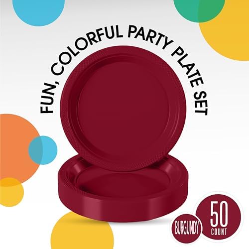 Party Solids Sturdy Burgundy Plastic Plates 10" Party Plates 50 Pcs - Image 2