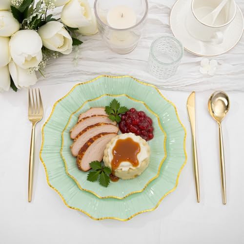 Rubtlamp 60Pcs Light Green Plastic Plates - Green Scalloped Plates with Gold Trim - 30 Gold Dinner & 30 Dessert Platos, Fancy Disposable Plates for Party, Wedding (30 Guests) - Image 4