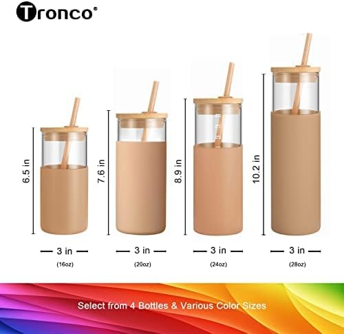 Tronco 20 oz Glass Tumbler with Lid and Straw, Iced Coffee Cup and Smoothie Cup with Bamboo Lids & Protective Silicone Sleeve, Dishwasher Safe, BPA-Free, Glass Cup 2 Pack