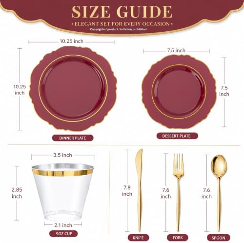 Liacere 150Pcs Burgundy Red Plastic Plates-Red Gold Disposable Plates-Red and Gold Rim Disposable Plastic Dinnerware 50Plates,25Pack Silverware and 25Cups for Wedding/Party/Halloween/Christmas - Image 3