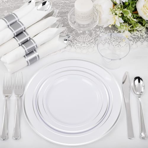 WELLIFE 210 Piece Silver Plastic Dinnerware Set for 30 Guests, Include: 30 Dinner Plates, 30 Dessert Plates, 30 Pre Rolled Napkins with Silverware and 30 Silver Cups - Image 5