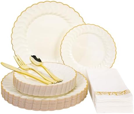 Lullaby 140PCS Ivory Scalloped Plastic Plates Set for Party (20 Guests) by LULLABY