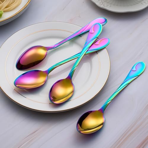 Rainbow Dinner Spoon Set, 7.6-inch Stainless Steel Spoon Silverware, 6-Piece Shiny Rainbow Soup Spoons Table Spoon, Dishwasher Safe, Set of 6 - Image 4