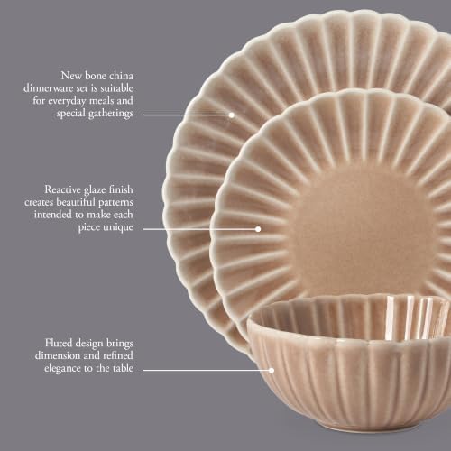 Gibson Elite Peach Orchard 12-Piece New Bone China Dinnerware Set Service for 4, Embossed Fluted Plates and Bowls, Dishwasher and Microwave Safe, Mauve Rose - Image 3