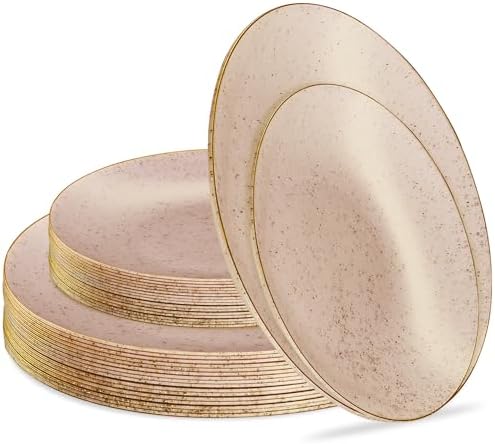 PLASTICPRO 32 Pack Elegant Disposable Plastic Plates Combo Set Includes 16 Dinner Plates and 16 Salad Plate Heavy Duty Fancy Party Plates Pink Granite Plate with Gold rim by PLASTICPRO