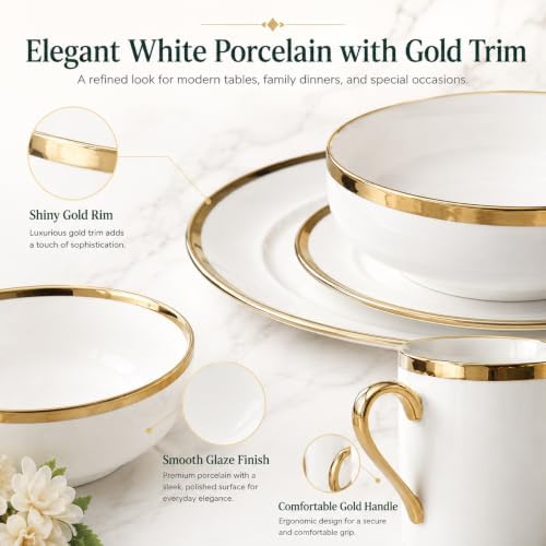 White and Gold Dinnerware Set for 4, 16-Piece Porcelain - Image 4