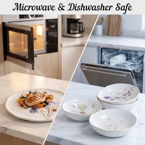 Sango 12-Piece Luxury Porcelain Dinnerware Set for 4- Glossy White Plates and Bowls Sets with Wildflower Patterns and Gold Rims, Ceramic Dish Set, Elegant Dishes for Everyday Dining, Gansevoort - Image 4