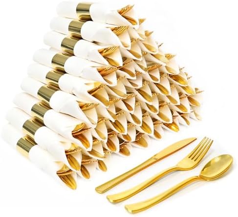75 Pack Pre Rolled Gold Plastic Silverware Set with Napkin by Dlebay