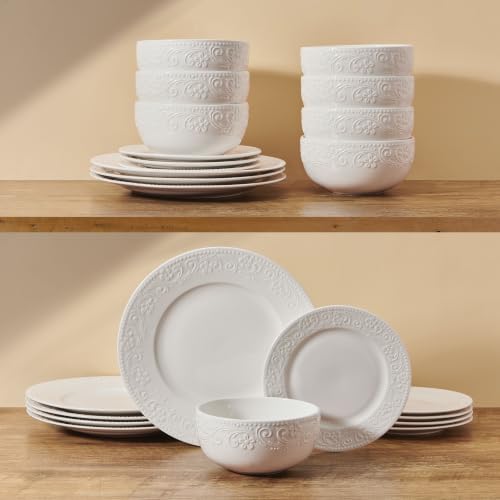 Pfaltzgraff Charm 24 Piece Dinnerware Set, White Porcelain Plates, Bowls - Image 6