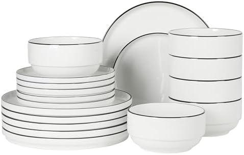 Gibson Home Rothernberg Plates and Bowls 18 Piece Porcelain White Dinnerware Set W/Black Rim | Stackable Dishes | Microwave & Dishwasher Safe by GibsonHomewares