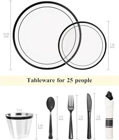 Goodluck 175 Pcs Disposable Clear and Black Party Plate Cup Napkin Sets - Image 3