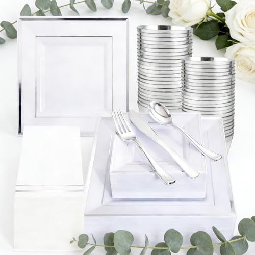 Festiva 350Pcs Silver Plates - Silver Square Plastic Plates 9 .5" and 6" - serve for 50 guests include 50 Cups 50Plastic Cutlery 50Hand Napkins Perfect for Party&Wedding&Birthday by Festiva