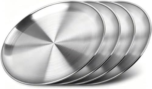 Stainless Steel Plates,4 Pcs 10 Inches Dinner Platess Camping Plate,Perfect for Snack Candy Pizza Fruit Camping Etc.Reusable and Dishwasher Safe (4, 10 inches) by ICSTM