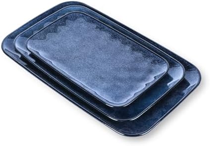 vicrays Ceramic Rectangle Serving Platters - 14" 12" 10" Porcelain Serving Trays Plates for Party BBQ Appetizers Sushi Dessert - Microwave Oven and Dishwasher Safe - Set of 3 Blue by VicraysCeramic