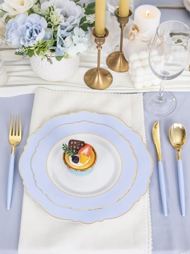 WDF 60pcs Blue Plates Disposable With Gold Rim - Baroque Baby Blue Plastic Party Plates for Wedding/Party/Baby Shower/Spring (Pack of 2) - Image 4