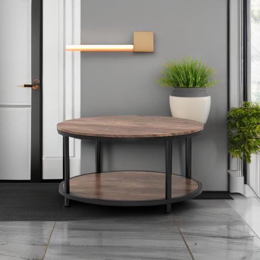 NSdirect Round Coffee Table,36" Coffee Table for Living Room,2-Tier Rustic Wood Desktop with Storage Shelf Modern Design Home Furniture(Light Walnut)
