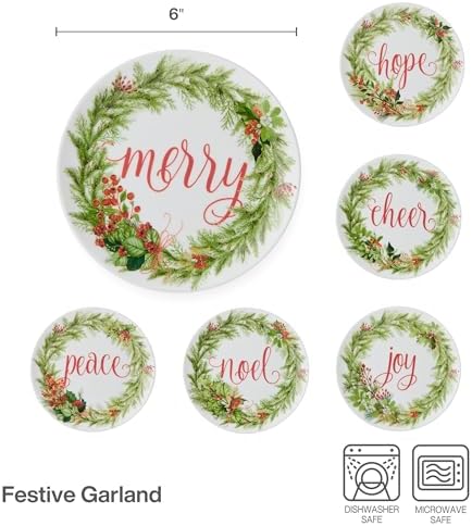 Mikasa Holiday Festive Garland Set of 6 Bone China Lightweight Chip Resistant Appetizer Plates Christmas Party Holiday Entertaining, 7 inch - Image 2