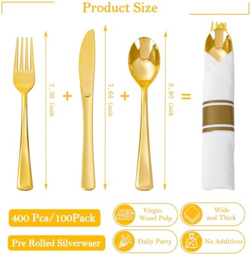 Supernal 100 Pack Gold Plastic Silverware with Napkins Wrapped - Image 3