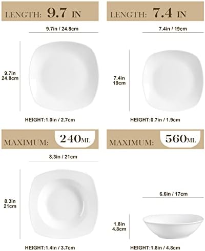 MALACASA Dinnerware Sets, 24-Piece Porcelain Square Dishes, Grey White Ceramic Dish Set for 6, Chip and Scratch Resistant Plates and Bowls Sets, Series ELISA - Image 2