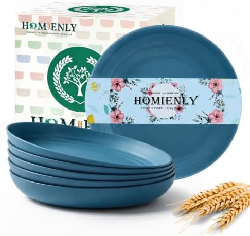 Homienly Wheat Straw Plates 8 inch Deep Dessert Plates Unbreakable Bread and Butter Plates Set of 6 Micorowave and Dishwasher Safe Camping Plates Stackable Plates for Apartment, Dorm (Blue) by HOMIENLY