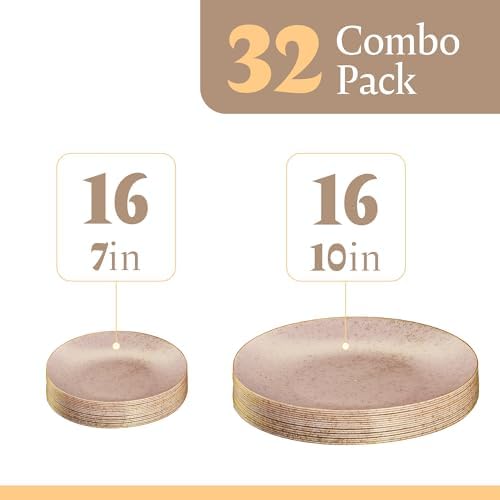 PLASTICPRO 32 Pack Elegant Disposable Plastic Plates Combo Set Includes 16 Dinner Plates and 16 Salad Plate Heavy Duty Fancy Party Plates Pink Granite Plate with Gold rim - Image 4