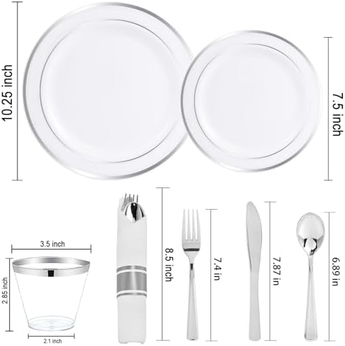 WELLIFE 210 Piece Silver Plastic Dinnerware Set for 30 Guests, Include: 30 Dinner Plates, 30 Dessert Plates, 30 Pre Rolled Napkins with Silverware and 30 Silver Cups - Image 2