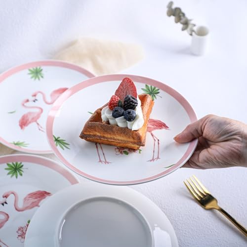Colias Wing 8" Pink Flamingos Pattern Stylish Design Ceramic Salad/Pasta/Fruit/Appetizer/Dessert Dishes Holiday Plates Christmas Dinner Plates-Set of 4-Round - Image 4