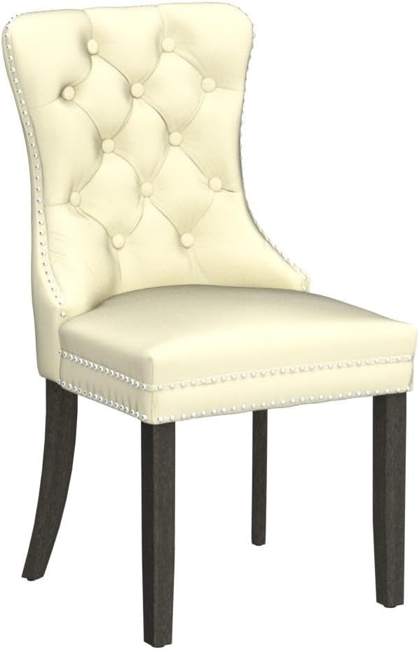 KCC Faux Leather Dining Chairs Set of 2, Upholstered High-end Tufted Dining Room Chair with Nailhead Back Ring Pull Trim Solid Wood Legs, Contemporary Nikki Collection Modern Style for Kitchen, Beige