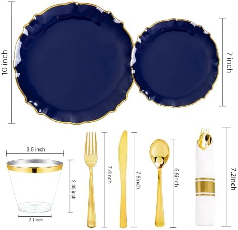 bUCLA 175PCS Navy Blue Plastic Plates - 25 Guests Gold Rim for Party - Image 2