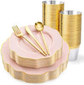 bUCLA 180PCS Pink Plastic Plates - Pink with Gold Rim Disposable for Party Include 30 Each (Dinner & Dessert) Plates, 30 Knives, 30 Forks, 30 Spoons, 30 Cups for Wedding, Birthday & Party by BUCLA