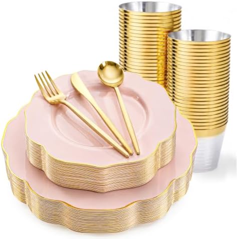 bUCLA 180PCS Pink Plastic Plates - Pink with Gold Rim Disposable for Party Include 30 Each (Dinner & Dessert) Plates, 30 Knives, 30 Forks, 30 Spoons, 30 Cups for Wedding, Birthday & Party by BUCLA