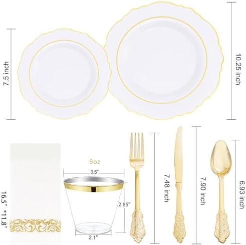 WDF Partyware 350 Pieces Gold Disposable Plates for 50 Guests, Fall Plastic Plates, Dinnerware Set of 50 Dinner Plates, 50 Salad Plate, 50 Spoons, 50 Forks, 50 Knives, 50 Cups for Thanksgiving Party - Image 3