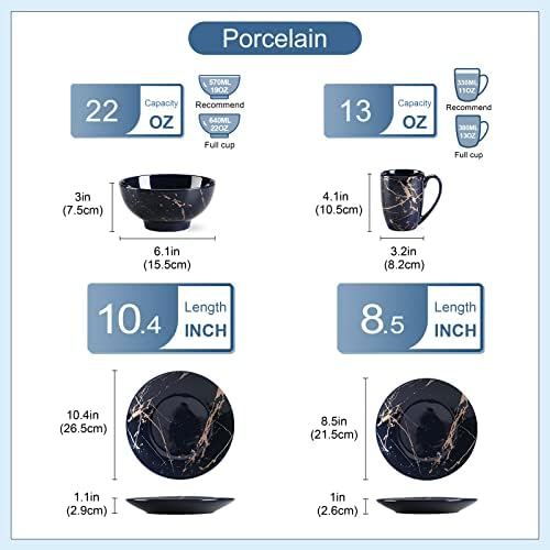 LOVECASA Porcelain Dinnerware Sets for 4, 16 PCS Plates and Bowls Set, Color Glaze with Gold Plate Dish Set, Dinner Sets with Dinner Plates, Dessert Plate, Bowls and Mugs, Dark Blue - Image 2