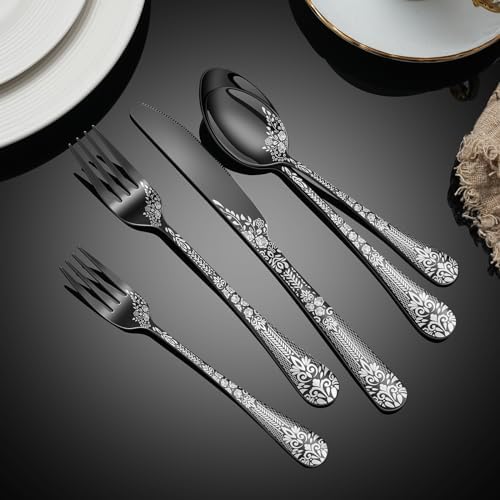 40 Piece Black Silverware Set, Stainless Steel Flatware Cutlery Set Service for 8, Mirror Polished Tableware Eating Utensils Set for Home Kitchen, Include Knife Fork Spoon Set, Dishwasher Safe - Image 7