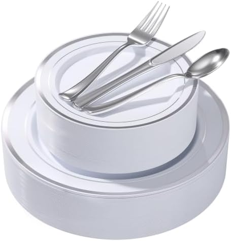 Goodluck 250 PCS Silver Rim Plastic Plates and Cutlery Set for 50 Guests by GoodLuck