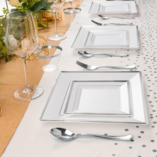 Goodluck 352Pcs Silver Square Plastic Plates with Silver Trim for 50 Guests (Pack of 3) - Image 6